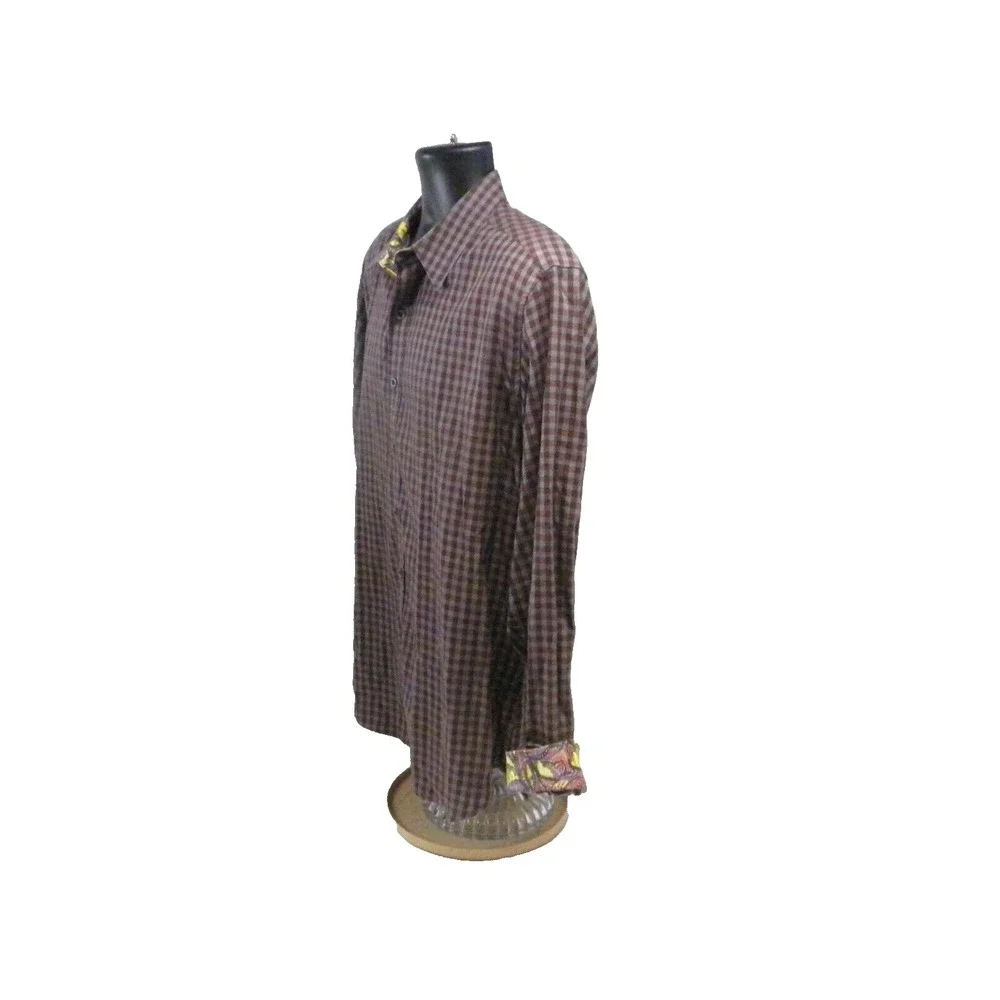 Robert Graham Shirt Mens XL Maroon Gray Check Button Up Contrast Flip Cuff Stain - Picture 7 of 16